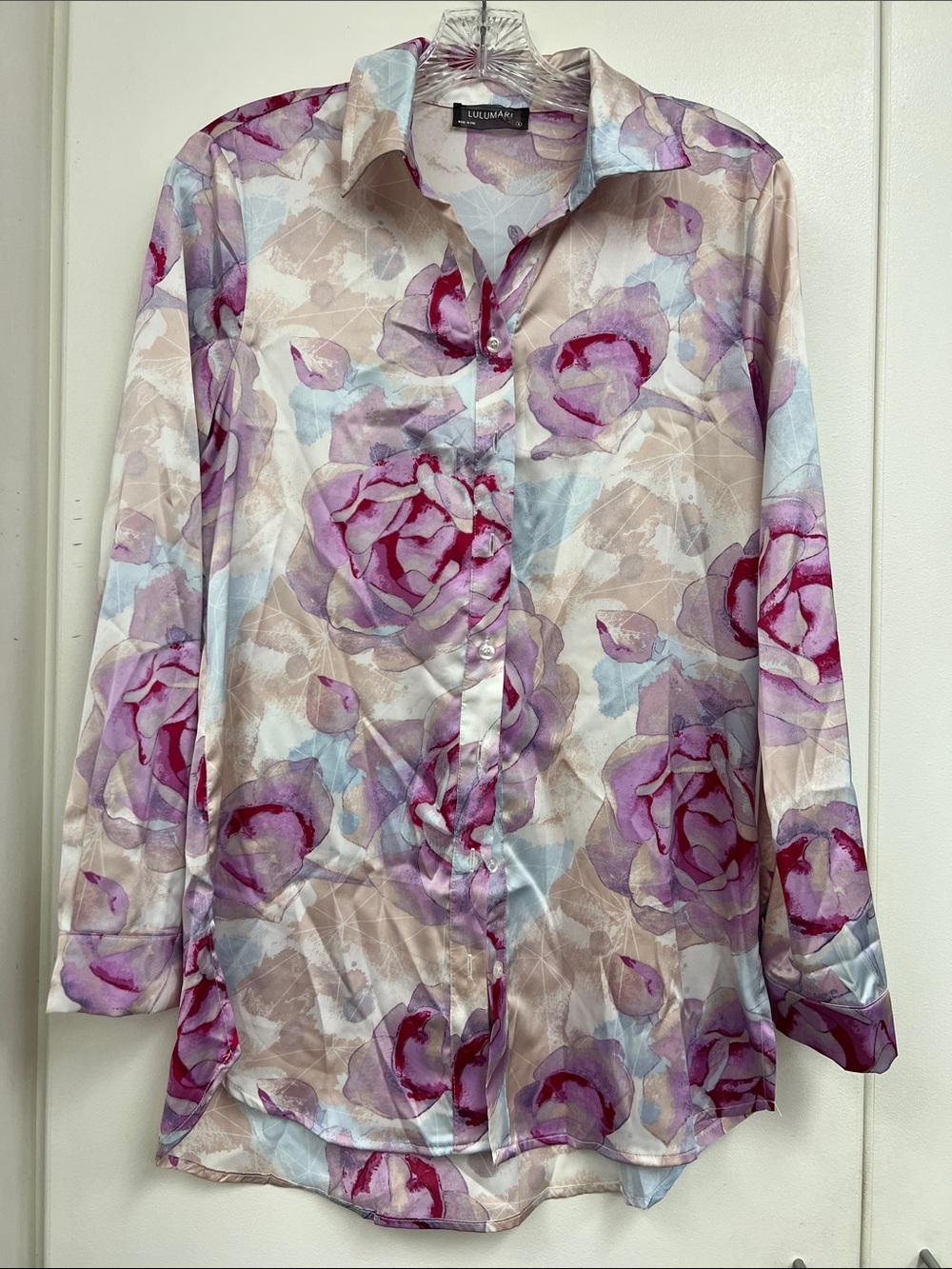 Lulumari Pink and Lavender Floral Satin Collared Work Button-Up Shirt Blouse